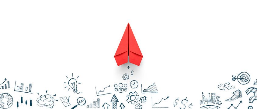 Red paper plane and business strategy on white background, Business success, innovation and solution concept