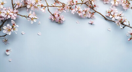 Flowering Spring, sakura blossoming branches on light blue background with bokeh, light. Happy...