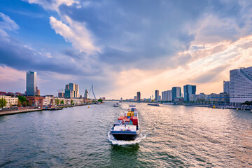 Rotterdam cityscape view over Nieuwe Maas river, Netherlands - obrazy, fototapety, plakaty