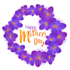 Saffron crocus spring flowers wreath Happy Mother's Day vector card or banner.