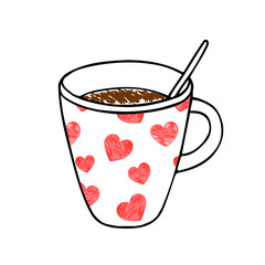 Hand drawing outline vector illustration of a cup of hot tea or coffee with a teaspoon and a red scribble heart pattern isolated on a white background