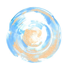 Hand drawn blue and golden brushstroke circle swash. Round paint swatch smear composition clipart