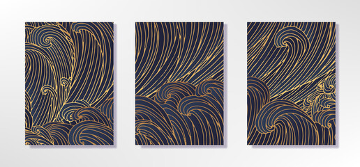 Line art design of waves, mountain, modern hand-drawn vector background, gold ink pattern. Minimalist Asian style.