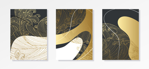 Line art design of waves, montain, modern hand-drawn vector background, gold ink pattern. Minimalist Asian style.
