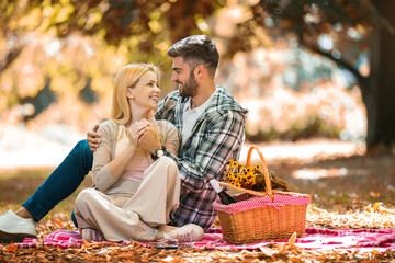 Happy romantic couple having picnic in the park