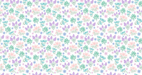 cute floral pattern. Pretty small flowers on white background. Printing with small pink, purple, blue flowers. Seamless vector. elegant template for fashionable printers. Spring flowers. Summer