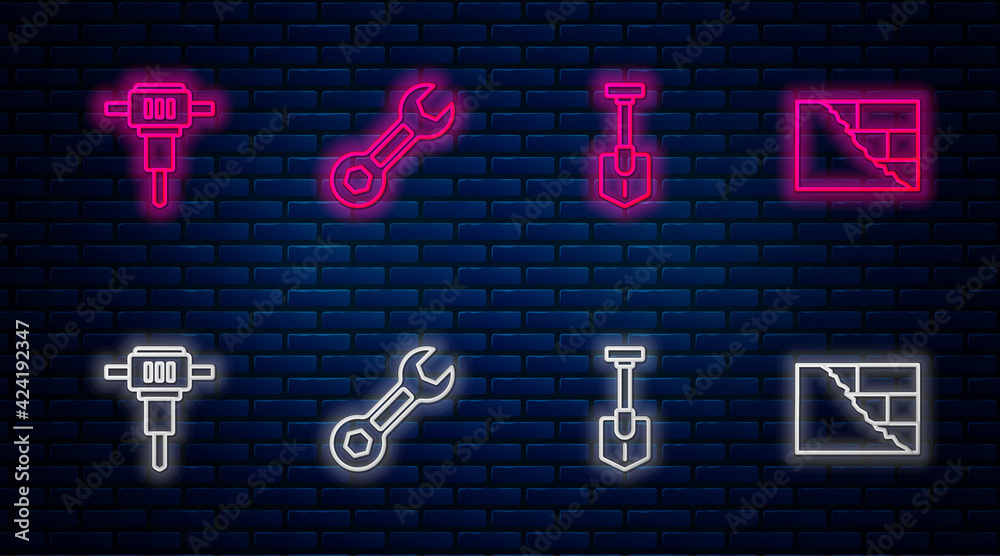 Sticker Set line Wrench spanner, Shovel, Construction jackhammer and Bricks. Glowing neon icon on brick wall. Vector