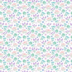 cute floral pattern. Pretty small flowers on white background. Printing with small pink, purple, blue flowers. Seamless vector. elegant template for fashionable printers. Spring flowers. Summer
