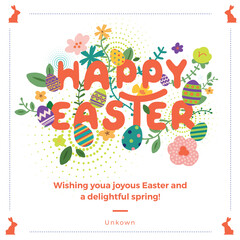 Happy easter greeting card. Easter spring hand drawn flowers background. Colorful Happy Easter greeting card with flowers and eggs. 