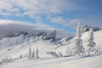 Fototapeta premium unrealistically beautiful snow-covered rocks and trees after a big snow storm at dawn. the theme of a Christmas card or poster about the journey and the magic of winter