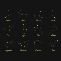 Fototapeta premium Constellations collection of 12 zodiac signs with titles. Aries, Taurus, Leo, Gemini, Virgo, Scorpio, Libra, Aquarius, Sagittarius, Pisces, Capricorn, Cancer
