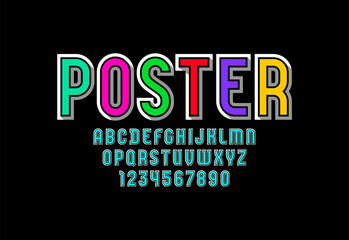 Modern Font, trendy bright alphabet, condensed capital multi colored Latin letters from A to Z and Arab numbers from 0 to 9, vector illustration 10EPS