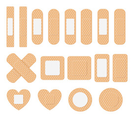 Vector set of medical plaster, elastic bandage patch. Collection of adhesive bandages, plasters or patches isolated on white background.