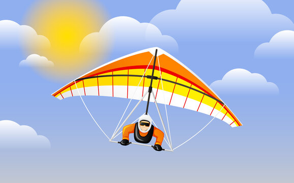 Hang gliding character vector. Cheerful hang gliding tandem flying in sky