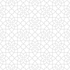 Seamless line pattern with thin curl lines and stars. Monochrome abstract floral linear texture. Decorative lattice background. Vector design for swatches, fabric, wrapping in Arabic style. - obrazy, fototapety, plakaty