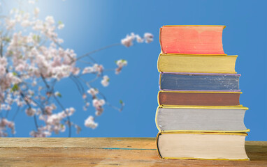 Reading a book and relaxing during springtime holidays, stack of books with cherry blossoms, and...