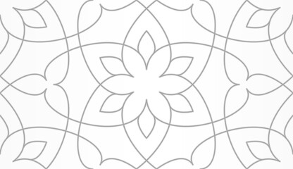 Seamless pattern with thin curl lines and stylized flowers in Arabic style. Monochrome abstract line texture. Decorative vintage lattice on white background. Abstract ornament for fabric, wrapping.