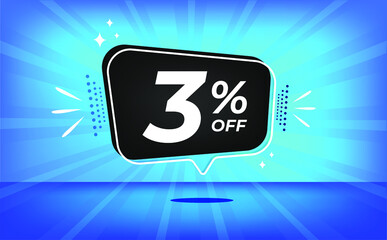 3% off. Blue banner with three percent discount on a black balloon for mega big sales.