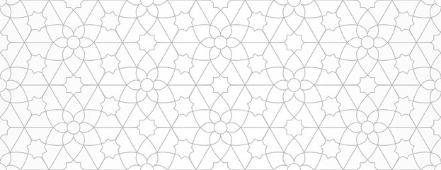 Seamless pattern with thin curl lines and stylized flowers on white background. Monochrome abstract line texture in Arabic style. Decorative vintage lattice. Abstract ornament for fabric, wrapping.