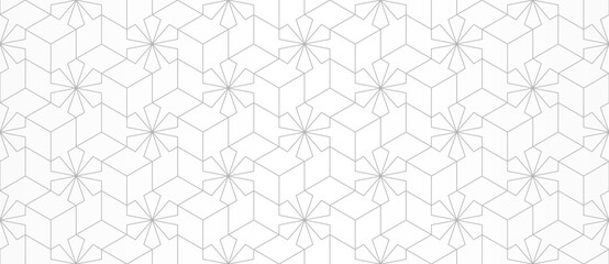 Pattern with lines, stars and polygons on white. Abstract geometric texture. Stylish classic design in Arabic style. Vector ornament for textile, fabric and wrapping. Seamless linear background.