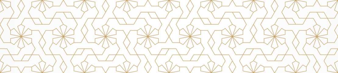 Pattern with golden lines, stars and polygons on white background. Abstract geometric texture. Seamless linear design in Arabic style. Vector ornament for textile, fabric and wrapping.