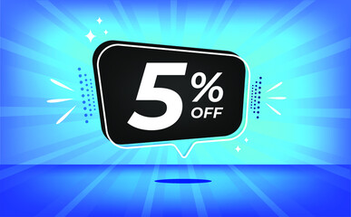5% off. Blue banner with five percent discount on a black balloon for mega big sales.