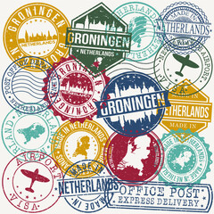 Groningen Netherlands Set of Stamps. Travel Stamp. Made In Product. Design Seals Old Style Insignia.