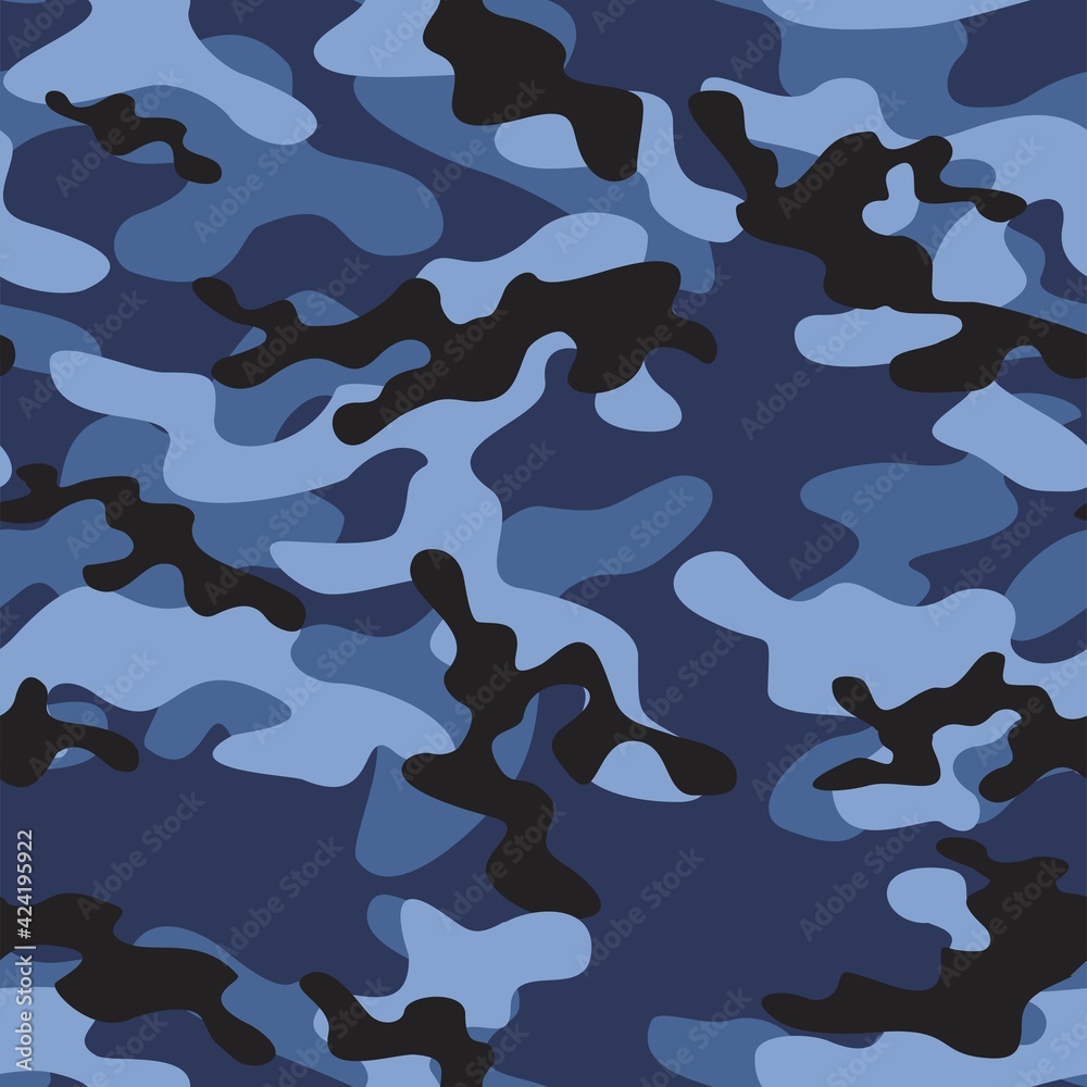 Poster blue camouflage military seamless vector pattern for clothing, fabric prints. modern.