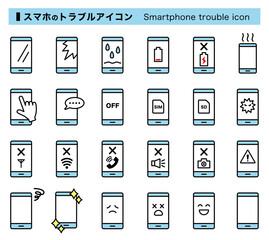 スマートフォンのトラブル・修理・故障アイコン　線画カラー　 smartphone malfunction trouble icon