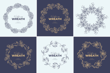 Hand drawn vector round frame. Floral wreath with leaves, berries, branches Decorative elements for design. Ink, vintage and rustic styles.