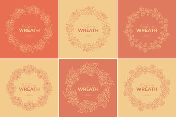 Hand drawn vector round frame. Floral wreath with leaves, berries, branches Decorative elements for design. Ink, vintage and rustic styles.