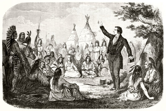 Joseph Smith, Mormonism founder, haranguing Indians seated around him outdoor in their camp. Ancient grey tone etching style art by unidentified author, Le Tour du Monde, 1862