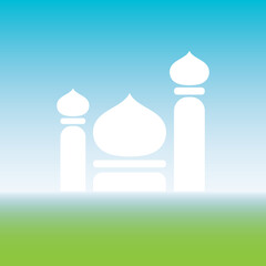 the silhouette of the mosque above the green earth and under the blue sky vector image