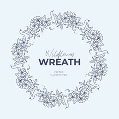 Hand drawn vector round frame. Floral wreath with leaves, berries, branches Decorative elements for design. Ink, vintage and rustic styles.