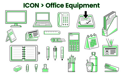 Icons Stationery and office equipment. Icon sets of stationery and office equipments as flat design outline cut out line silhouette illustration vector