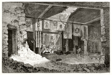 Tibetan temple interior in twilight with pierced roof from which a ray of moonlight enters. Ancient grey tone etching style art by Therond, Le Tour du Monde, 1862