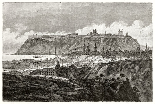 Large overall view of Tobolsk, Russia, from distance. Part of the city on a vast rock top. Ancient grey tone etching style art by Durand, Le Tour du Monde, 1862
