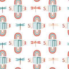 Seamless summer pattern with rainbow and lettering ‘Summer’. Vector illustration for fabric, wrapping paper, wallpaper, textile, background