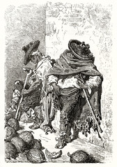 Two Valencian farmers leaning against wall and dressed in rags getting rest. Ancient grey tone etching style art by Dore, Le Tour du Monde, 1862