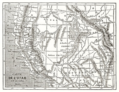 Old map of Utah with vintage captions. By Erhard and Bonaparte, publ. on Le Tour du Monde, 1862