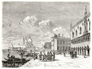 large stone square fronting venetian lagune where life is going on in Riva degli Schiavoni, Venice, Italy. Ancient grey tone etching style art by Gaiaud, Le Tour du Monde, 1862 - 424197311