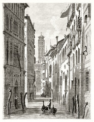 small canal in Venice, Italy, flowing among high vertical edifices and gondola floating on it. Petit canal Bernardo. Ancient grey tone etching style art by Girardet, Le Tour du Monde, 1862 - 424197345
