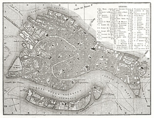 Old map of Venice, Italy, with vintage captions indicating each single monument. By Dufour, publ. on Le Tour du Monde, 1862 - 424197387