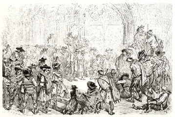 crowd of medieval people in Water Tribunal of the plain of Valencia, Spain. Ancient grey tone etching style art by Dore, Le Tour du Monde, 1862