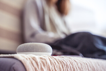 voice controlled smart speaker in a interior. female working in background