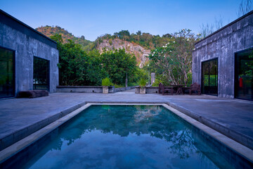 Landscape view of mountain vacation pool and resort