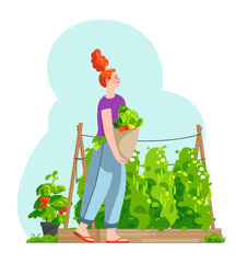 Smiling woman carrying basket full of harvested vegetables in kitchen garden. Vector flat illustration - 424198166
