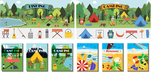 Big camping set. Equipment for Hiking, mountaineering and camping-a set of icons and infographics. Tree house, tent, camping utensils, backpack and scout tools. Top view of the beach with the sea