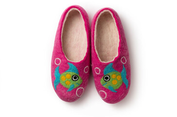 Felt slippers on white background in closeup
