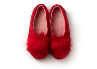 Felt slippers on white background in closeup